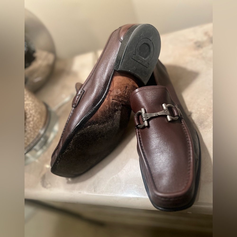 Salvatore Ferragamo Brown Leather Loafers with Silver Accents - Picture 3 of 8
